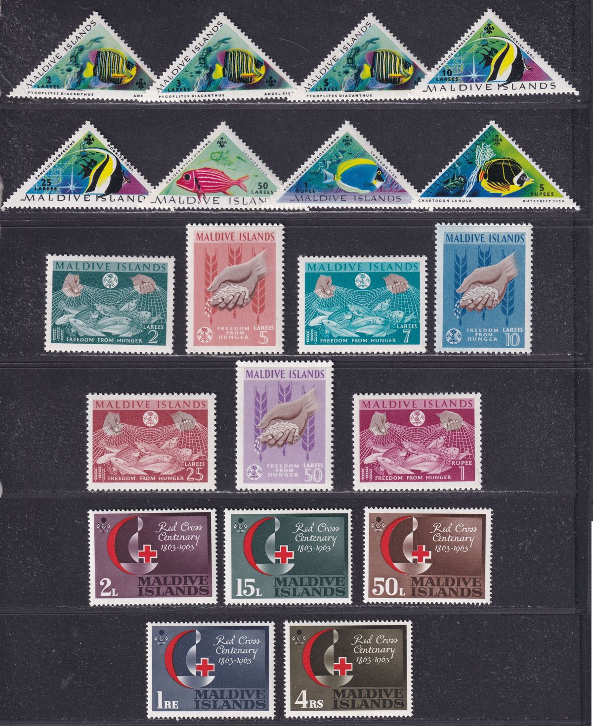 Maldive Islands 1963 Tropical Fish, Freedom Hunger, Red Cross Sets Mint cat £42