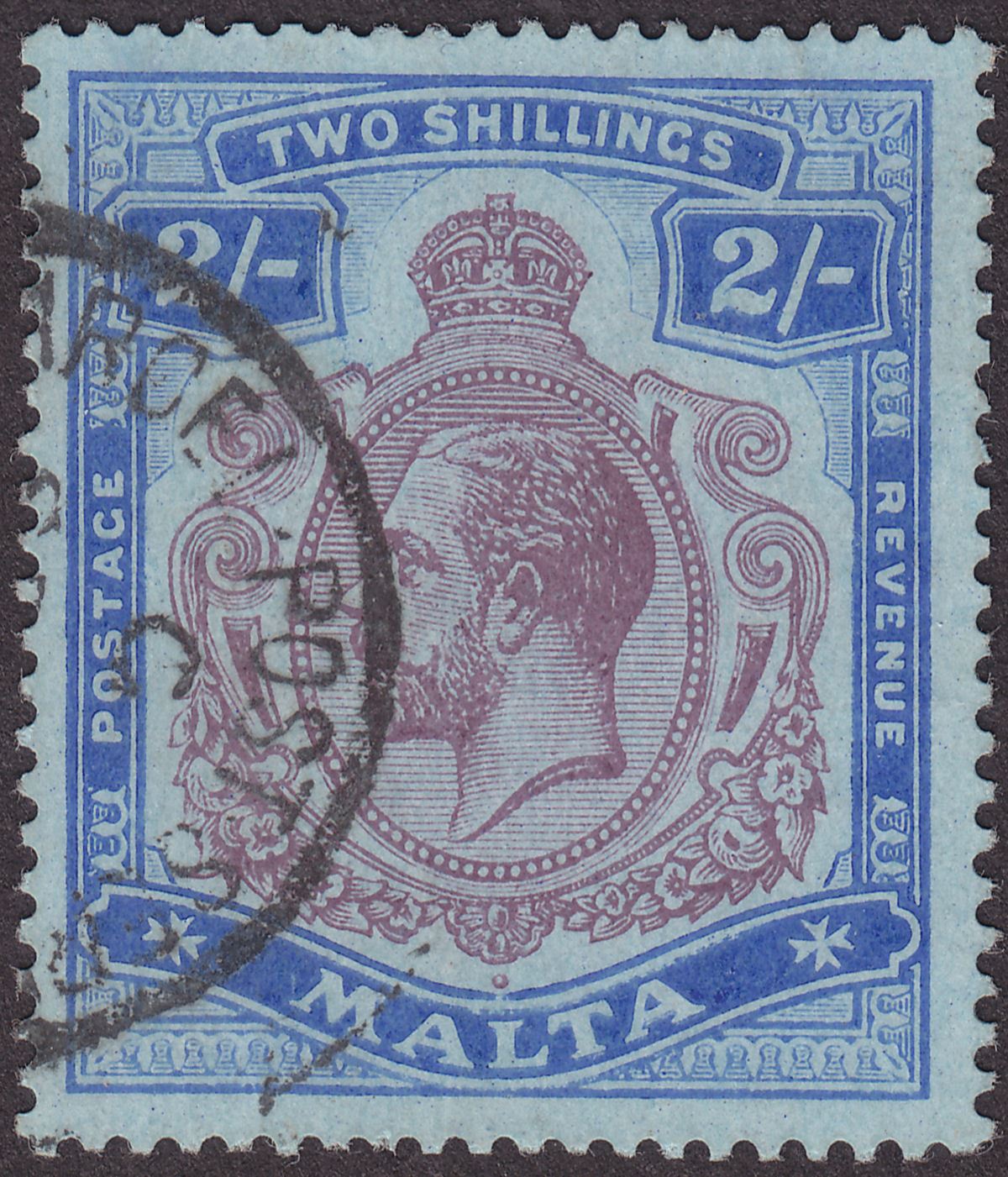 Malta 1914 KGV 2sh Purple and Bright Blue on Blue Used SG86 cat £40