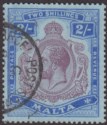 Click for more photos and details Malta 1914 KGV 2sh Purple and Bright Blue on Blue Used SG86 cat £40