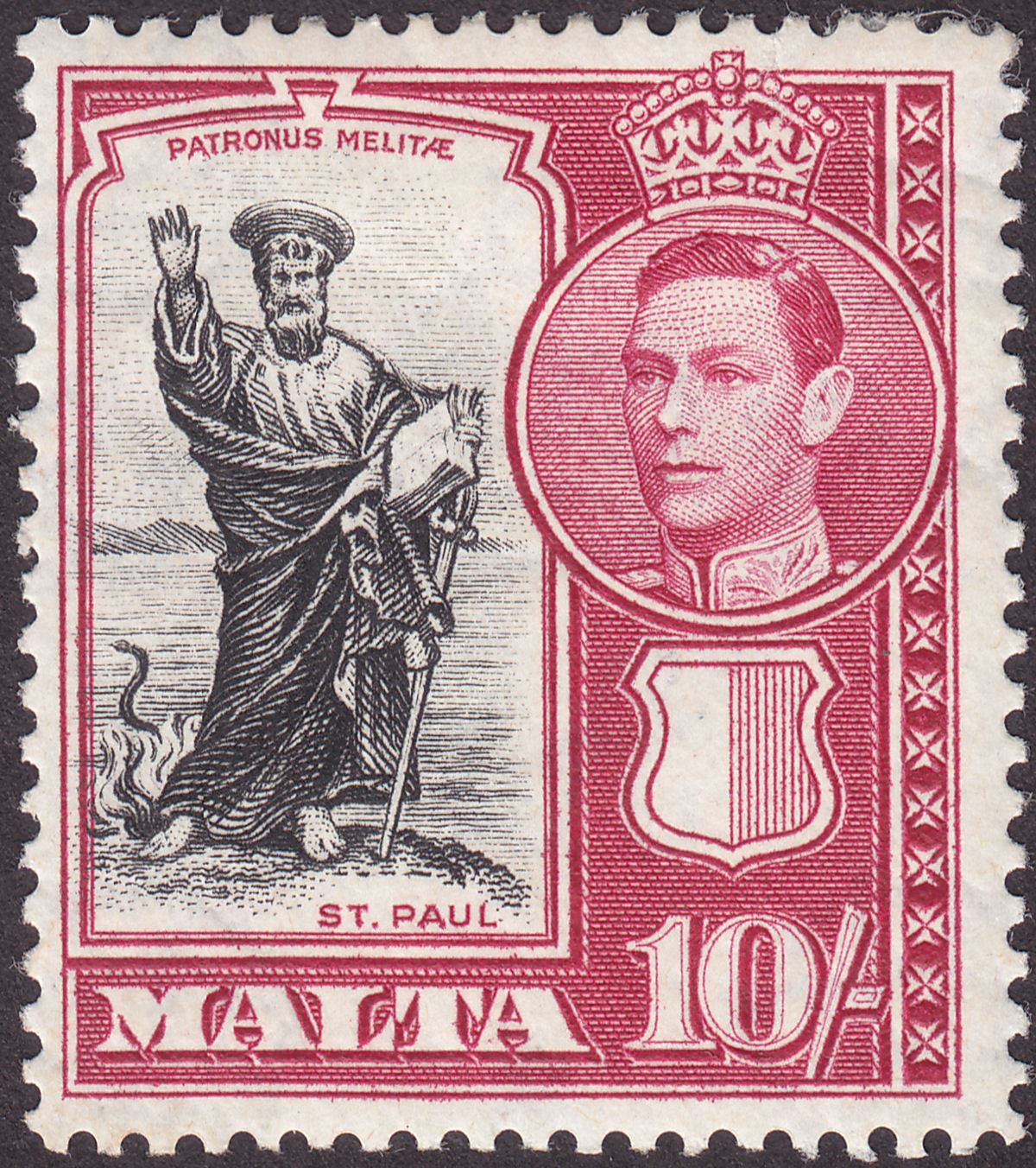 Malta 1938 KGVI St Paul 10sh Black and Carmine Mint SG231 cat £19