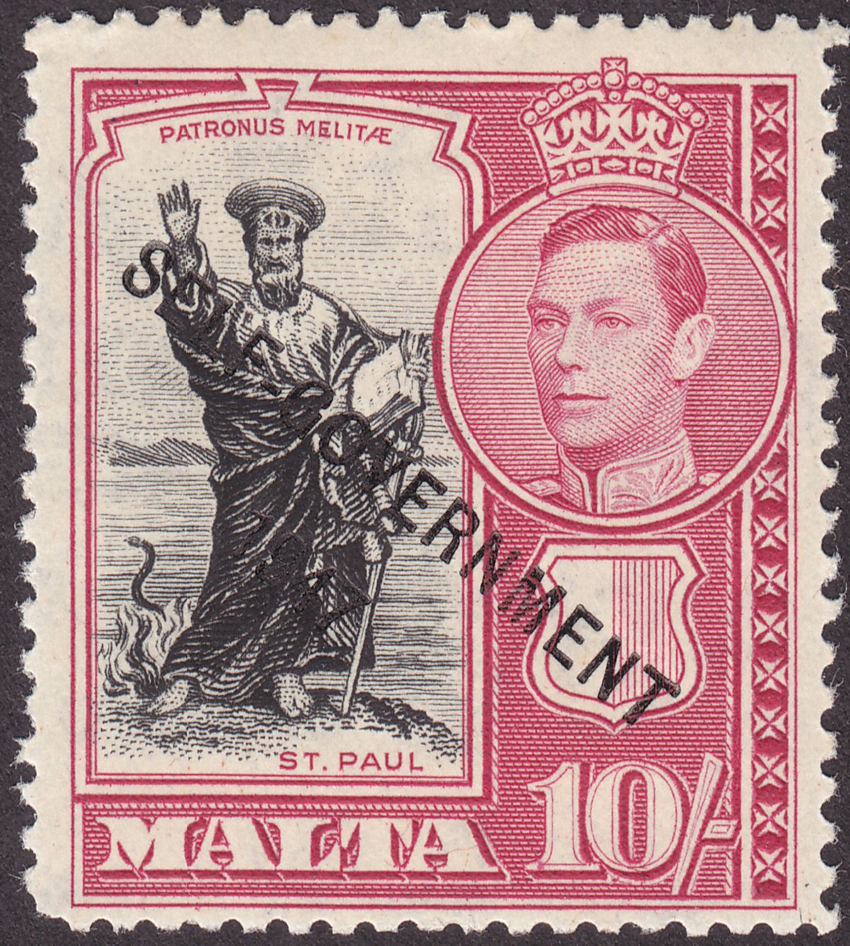 Malta 1948 KGVI Self Government Overprint 10sh Black + Carm Mint SG248 cat £30