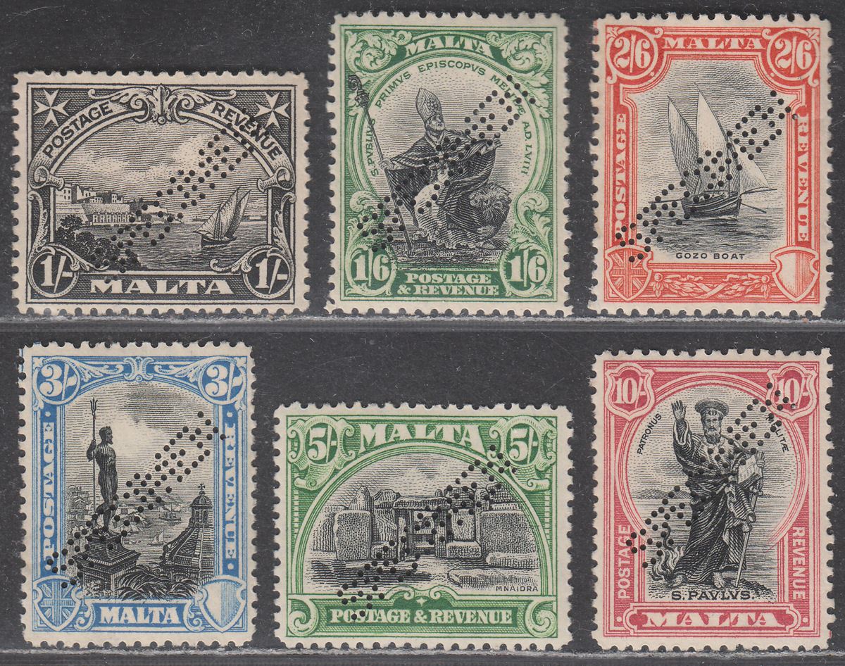Malta 1930 KGV Postage and Revenue SPECIMEN Perf Part Set to 10sh Mint