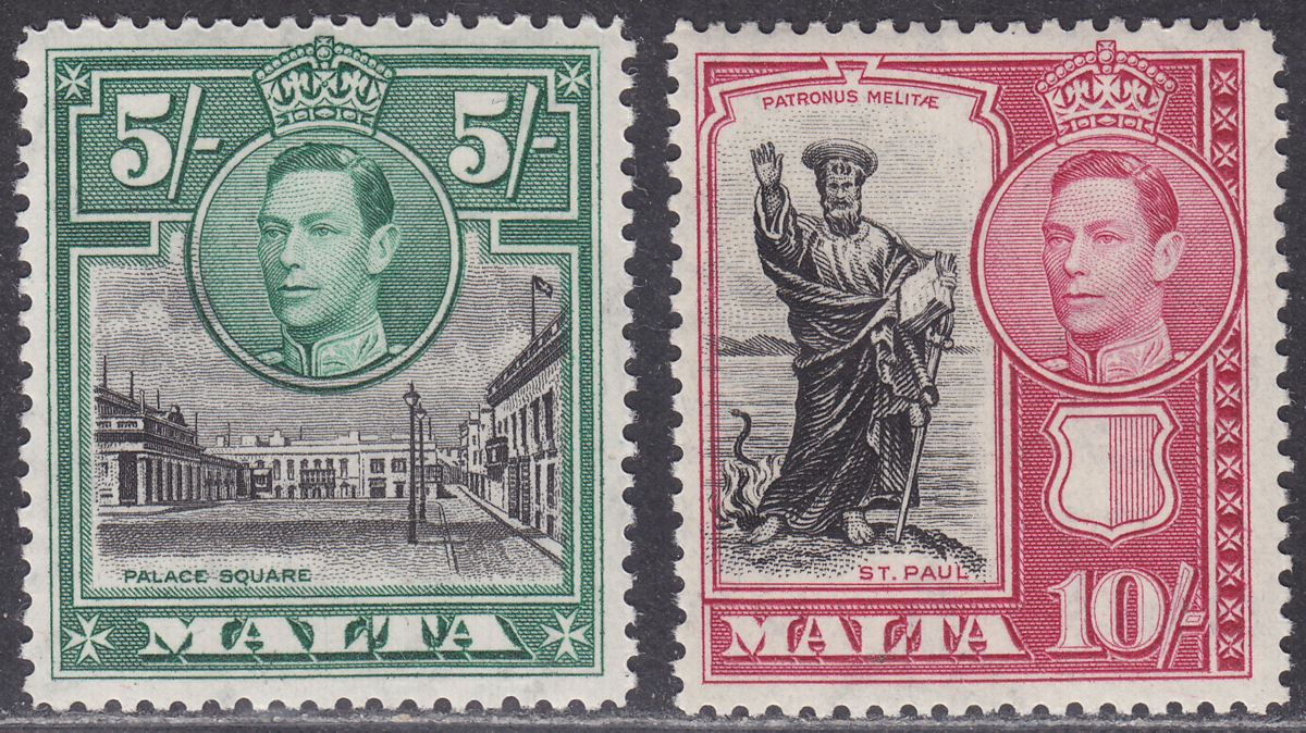 Malta 1938 KGVI 5sh Black + Green, 10sh Black + Carmine UM Mint SG230-231 cat£24