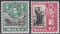 Click for more photos and details Malta 1938 KGVI 5sh Black + Green, 10sh Black + Carmine UM Mint SG230-231 cat£24