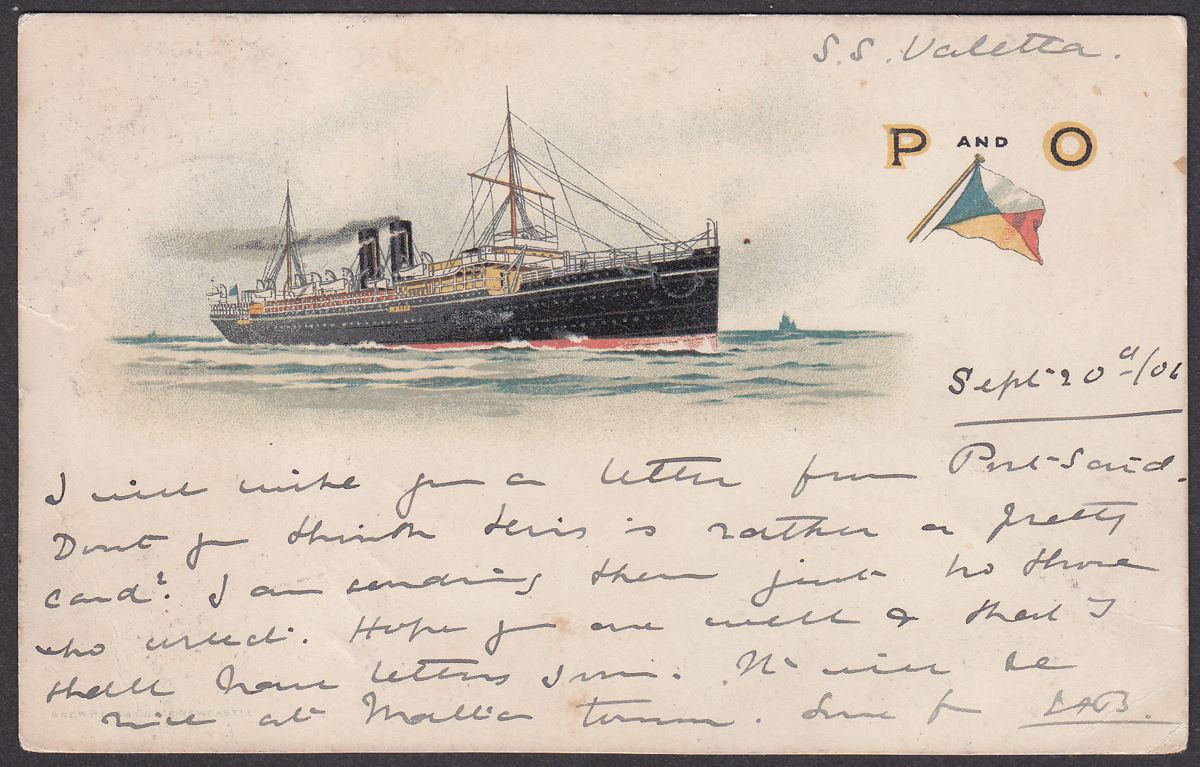 GB Used Malta 1901 QV 1d Lilac Used on P&O SS Valetta Picture Postcard to London