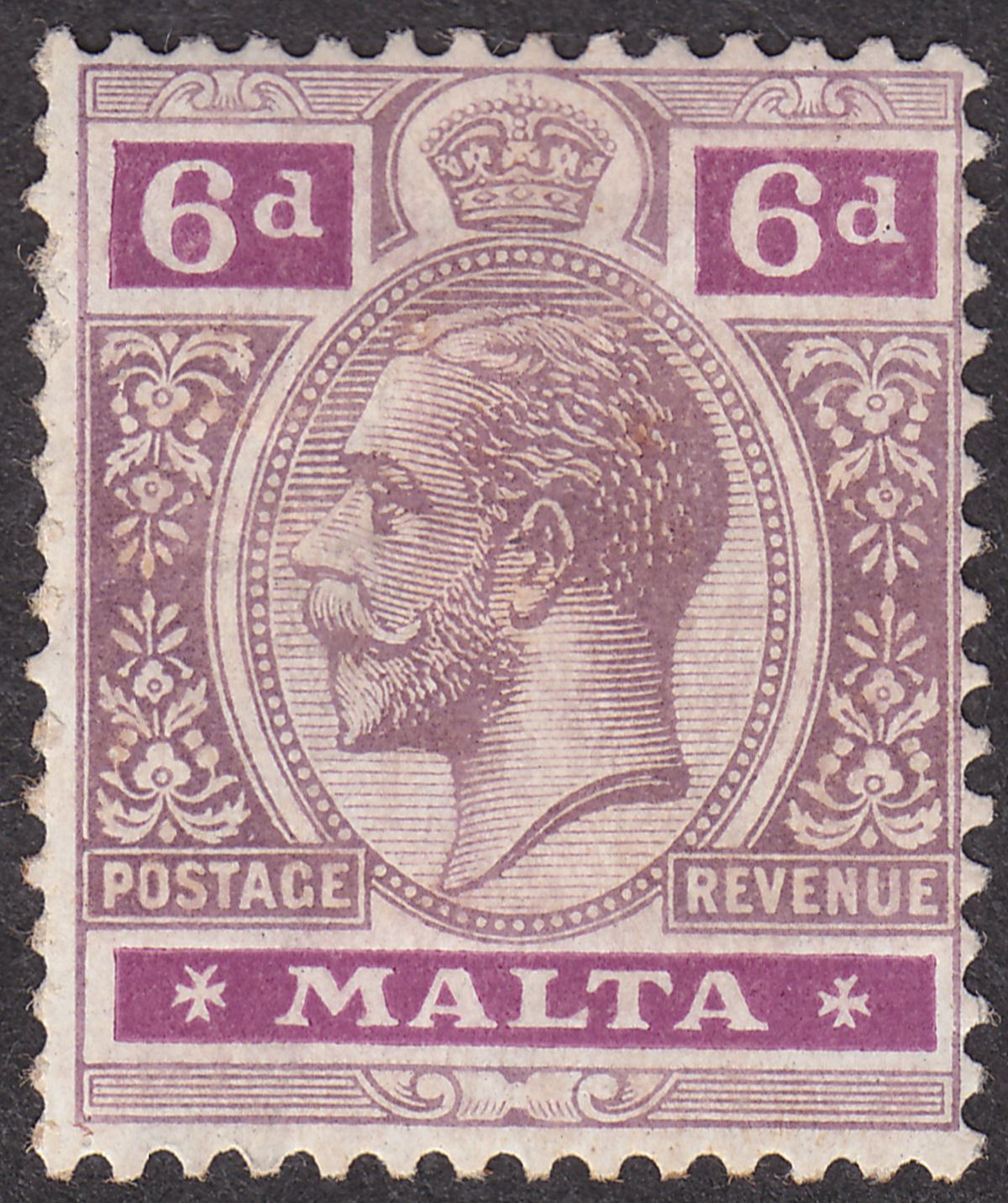Malta 1922 KGV 6d Dull and Bright Purple Mint SG102 cat £35 perf faults