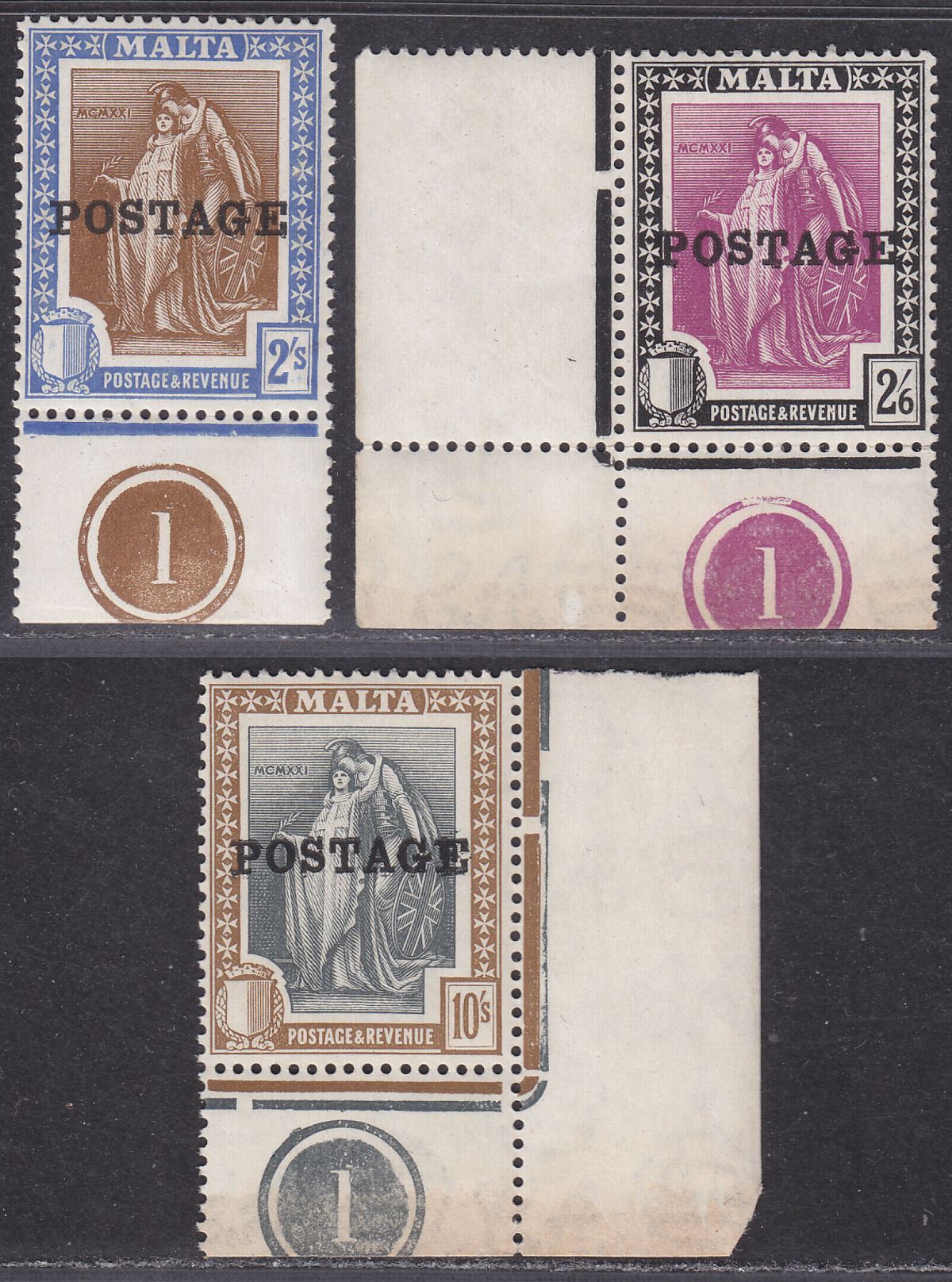 Malta 1926 KGV Figure Postage Overprint Plate 1 2sh, 2sh6d, 10sh Mint cat £80