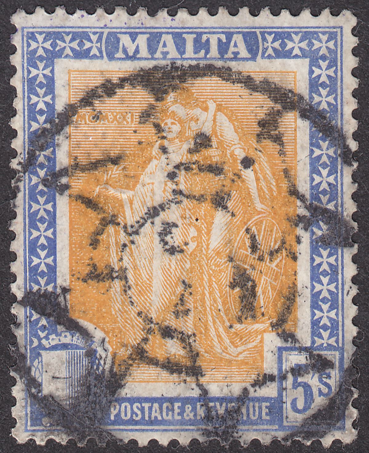 Malta 1922 KGV Figure 5sh Orange-Yellow + Bright Ultramarine Used SG137 cat £50