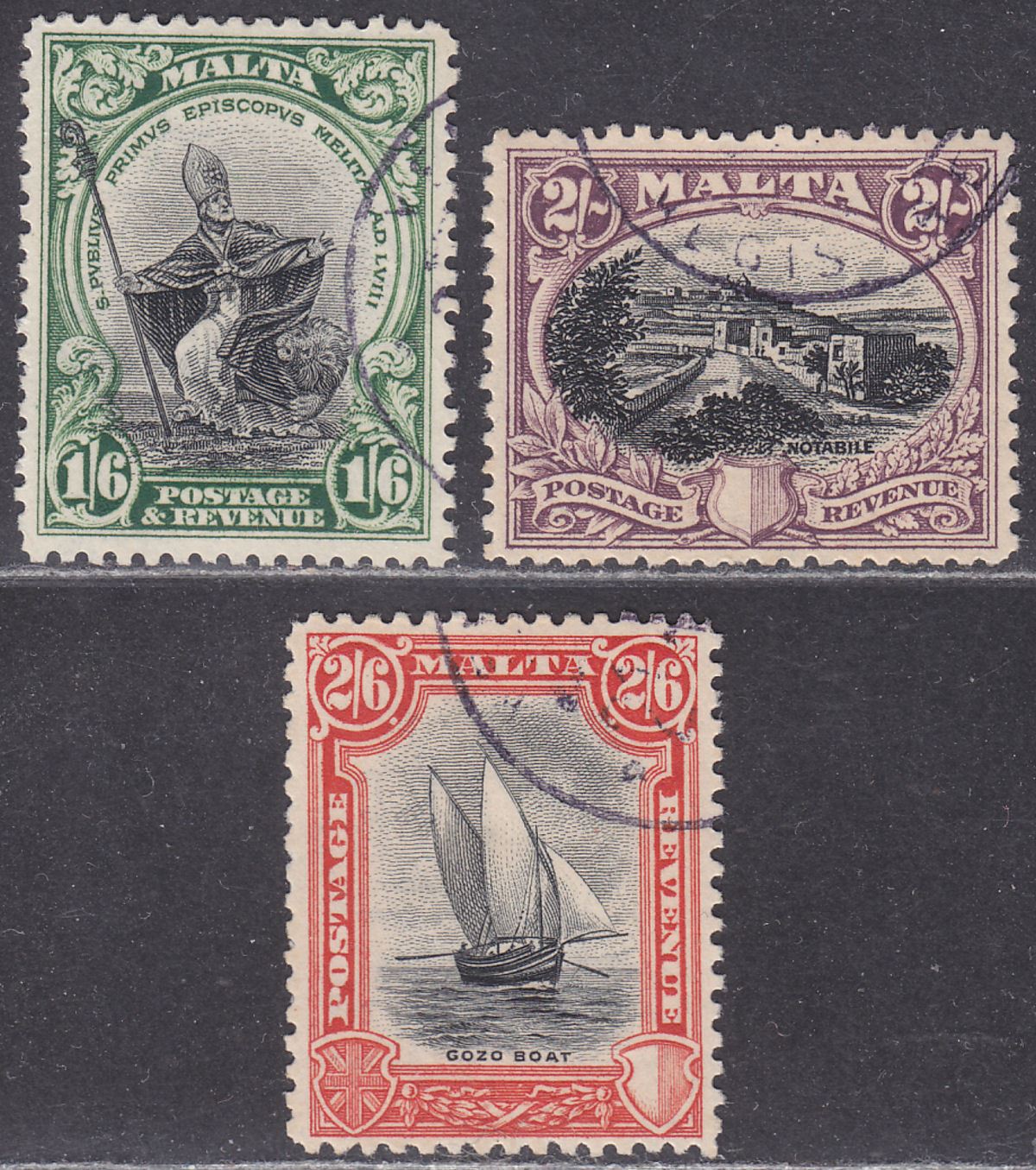 Malta 1930 KGV Postage and Revenue 1sh6d, 2sh, 2sh6d Used SG204-206 cat £122