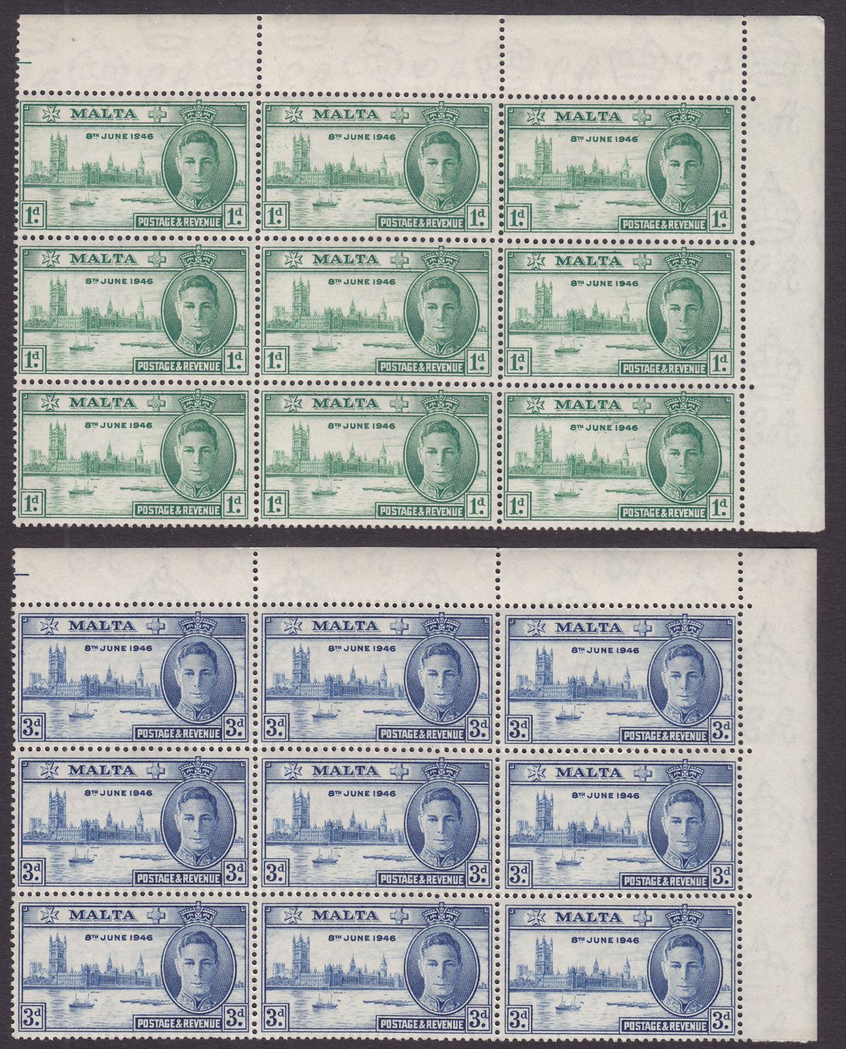 Malta 1946 KGVI Victory 1d Green and 3d Blue Blocks of 9 Mint SG232-233
