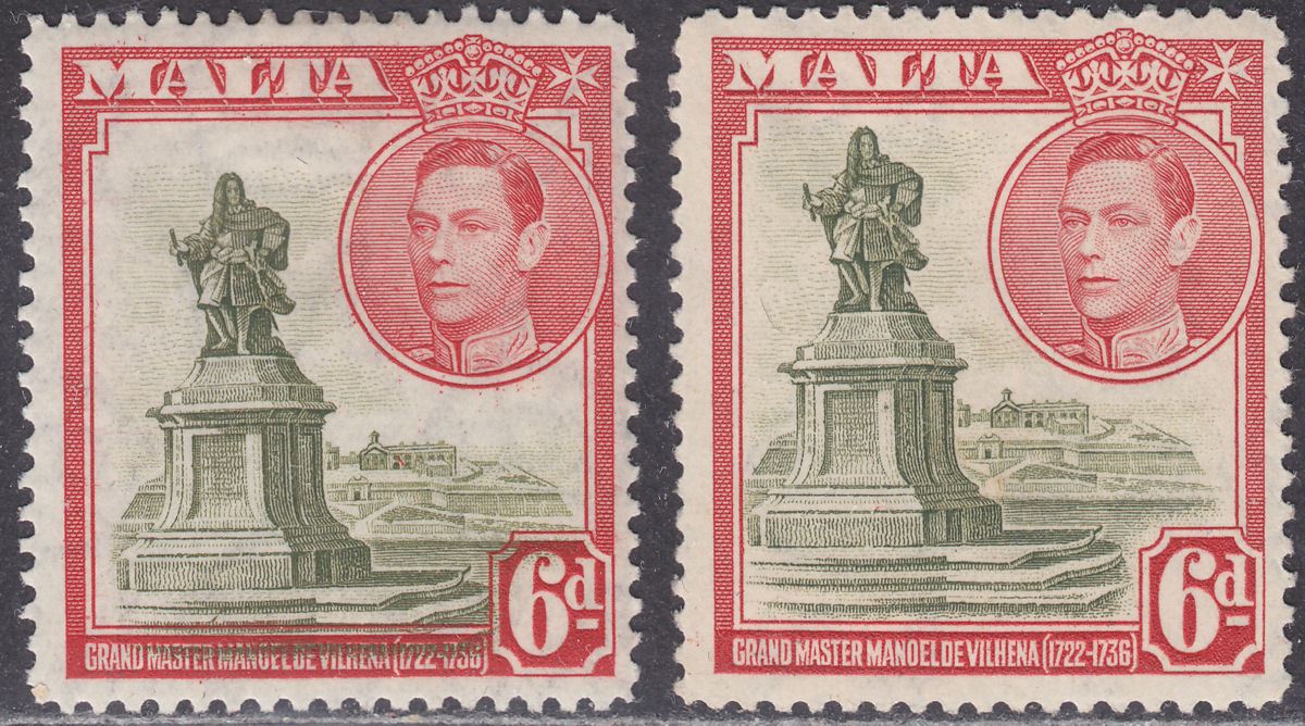 Malta 1938 KGVI 6d Olive-Green + Scarlet w Displaced Vignette Variety Mint SG225