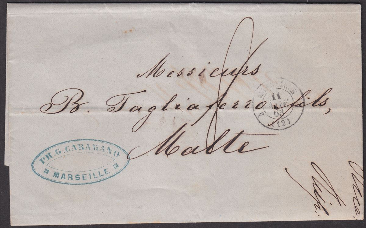 France 1863 Unstamped Entire Marseille to Malta with PH G Caramano Mark