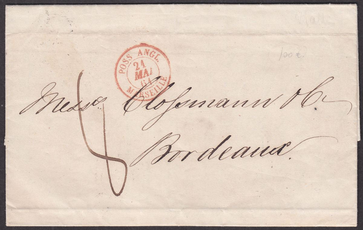 Malta 1861 Unstamped Entire to Bordeaux, France with good transit marks