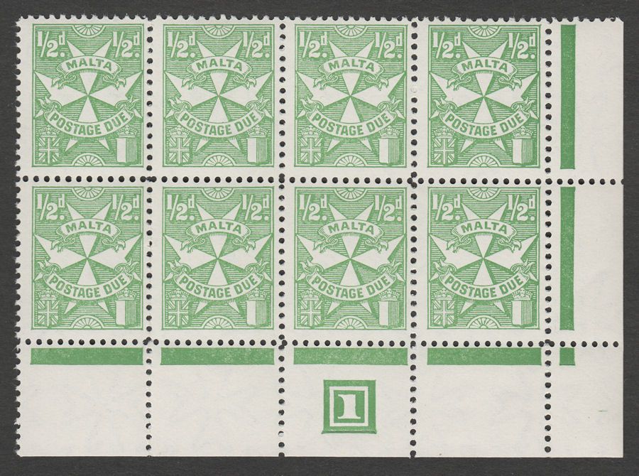 Malta 1967 QEII Postage Due ½d Emerald perf 12 Plate Block Mint SG D28