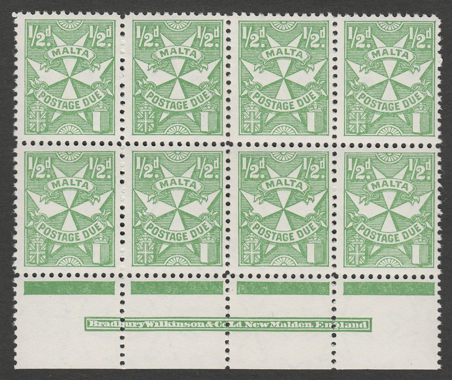 Malta 1967 QEII Postage Due ½d Emerald perf 12 Imprint Block Mint SG D28