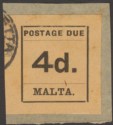 Click for more photos and details Malta 1925 KGV Postage Due 4d Black on Buff Imperf Used on Piece SG D7