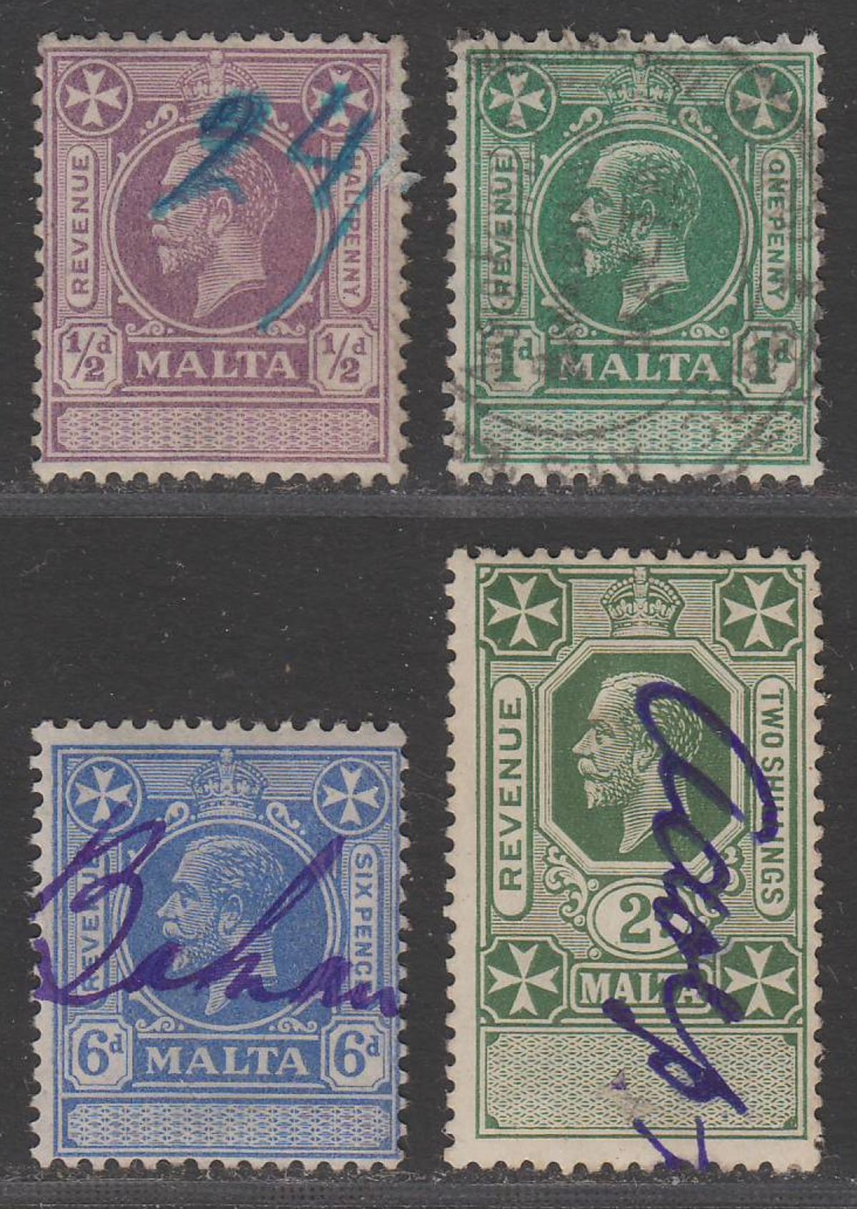 Malta 1925 King George V Revenue ½d, 1d, 6d. 2sh Used