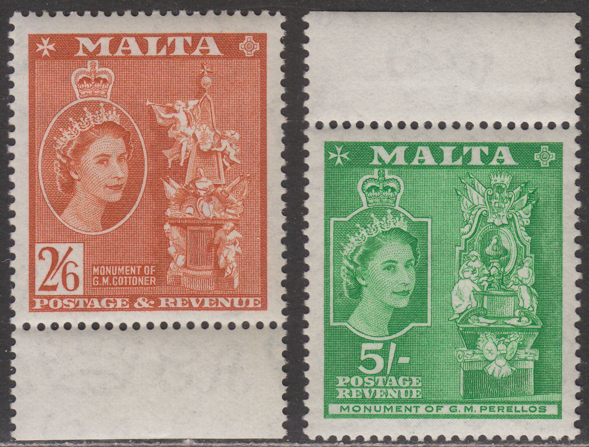 Malta 1956 QEII 2sh6d Chestnut, 5sh Green UM Mint SG279-280 cat £28 MNH