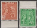 Click for more photos and details Malta 1956 QEII 2sh6d Chestnut, 5sh Green UM Mint SG279-280 cat £28 MNH