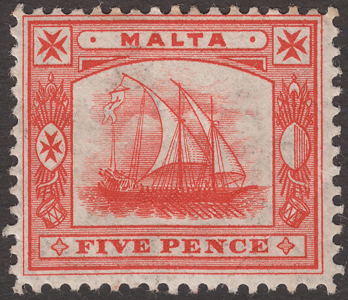 Malta 1905 King Edward VII Galley 5d Vermilion Mint SG59 cat £42