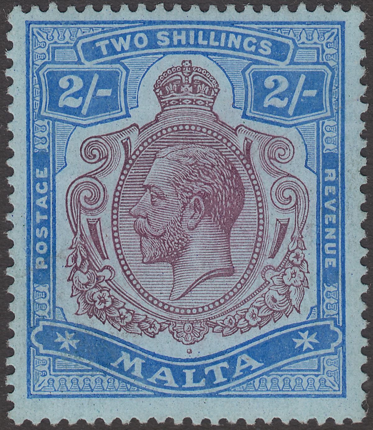 Malta 1914 KGV 2sh Purple and Blue on Blue wmk Multi Crown CA Mint SG86 cat £50