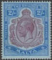 Click for more photos and details Malta 1914 KGV 2sh Purple and Blue on Blue wmk Multi Crown CA Mint SG86 cat £50