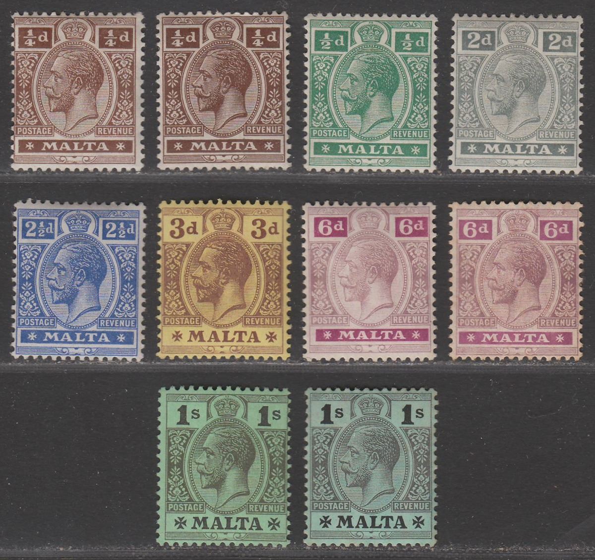 Malta 1914-21 King George V Part Set to 1sh with shades Mint