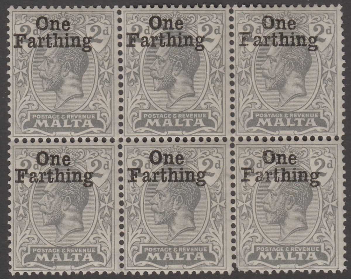 Malta 1922 King George V ¼d on 2d Grey Surcharge Block of 6 Mint SG122