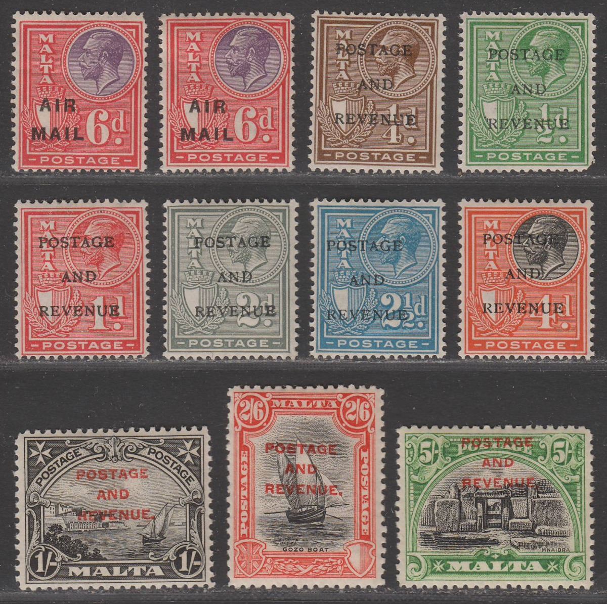 Malta 1928 KGV Postage and Revenue Overprint Part Set to 5sh Mint