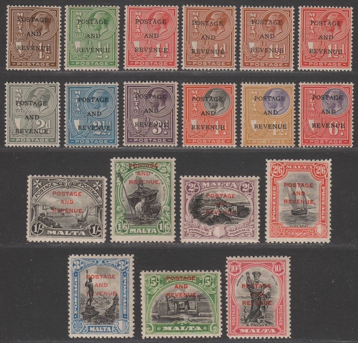 Malta 1928 KGV Postage and Revenue Overprint Set SG174-192 cat £200 toned gum