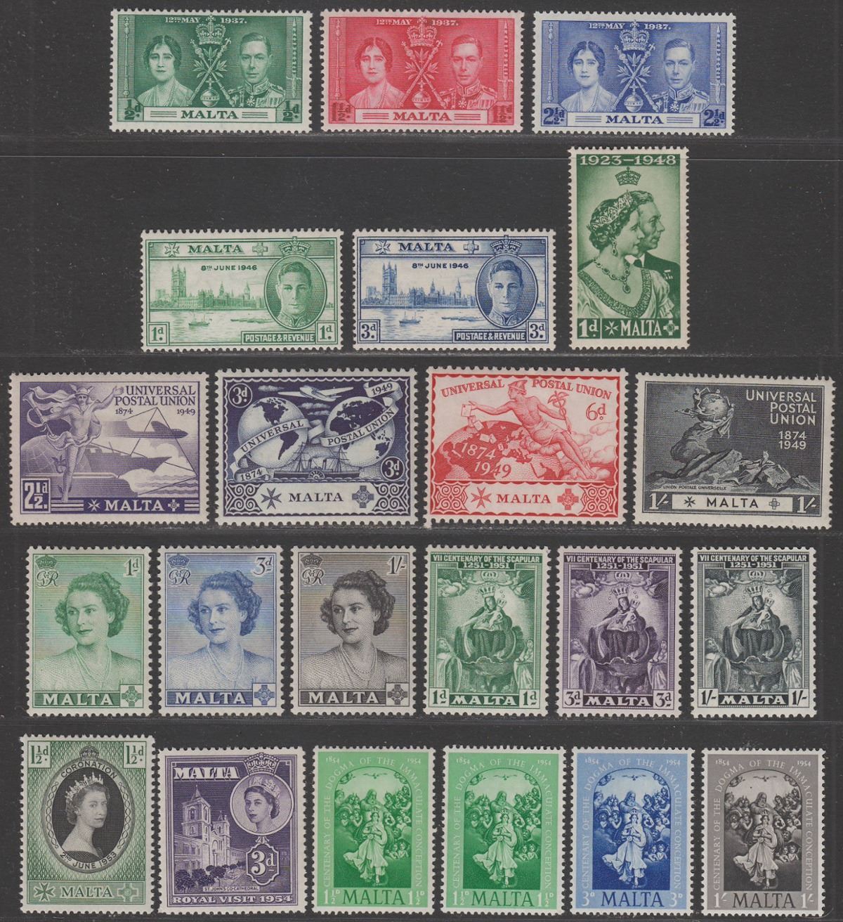 Malta 1937-54 KGVI-QEII Selection to 1sh Mint inc UPU, Scapular