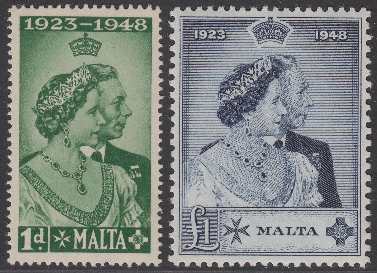 Malta 1949 KGVI Royal Silver Wedding 1d Green £1 Indigo UM Mint SG249-250 cat£38
