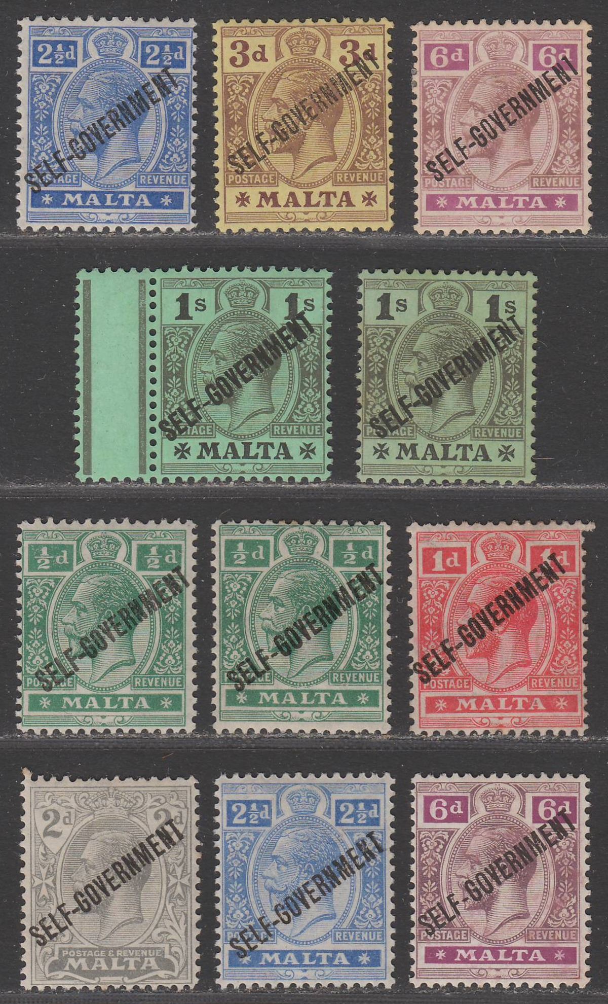 Malta 1922 King George V Self-Government Overprint Selection to 1sh Mint