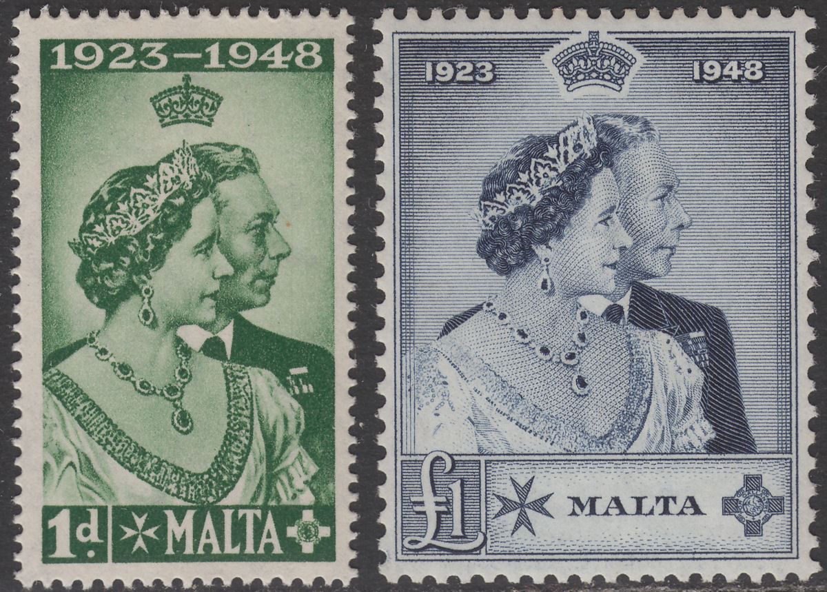 Malta 1949 KGVI Royal Silver Wedding 1d Green £1 Indigo Mint SG249-250 cat £38