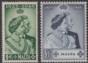 Click for more photos and details Malta 1949 KGVI Royal Silver Wedding 1d Green £1 Indigo Mint SG249-250 cat £38