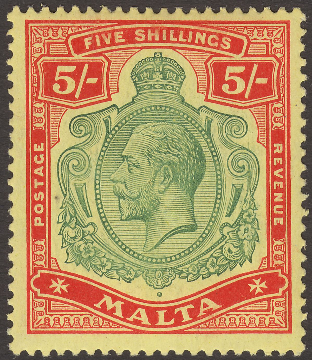 Malta 1917 KGV 5sh Green and Red on Yellow Mint SG88 cat £100