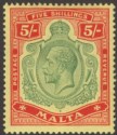Click for more photos and details Malta 1917 KGV 5sh Green and Red on Yellow Mint SG88 cat £100