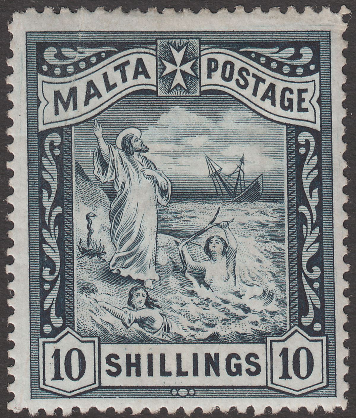 Malta 1899 QV Shipwreck St Paul 10sh Blue-Black Mint SG35 cat £100 faults