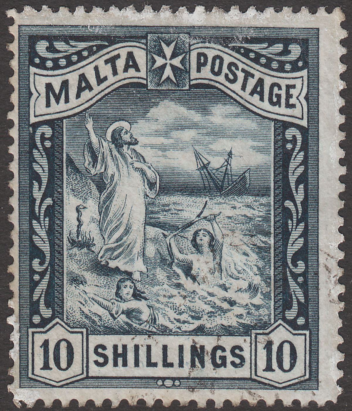 Malta 1899 QV Shipwreck St Paul 10sh Blue-Black Used SG35 cat £65 white marks