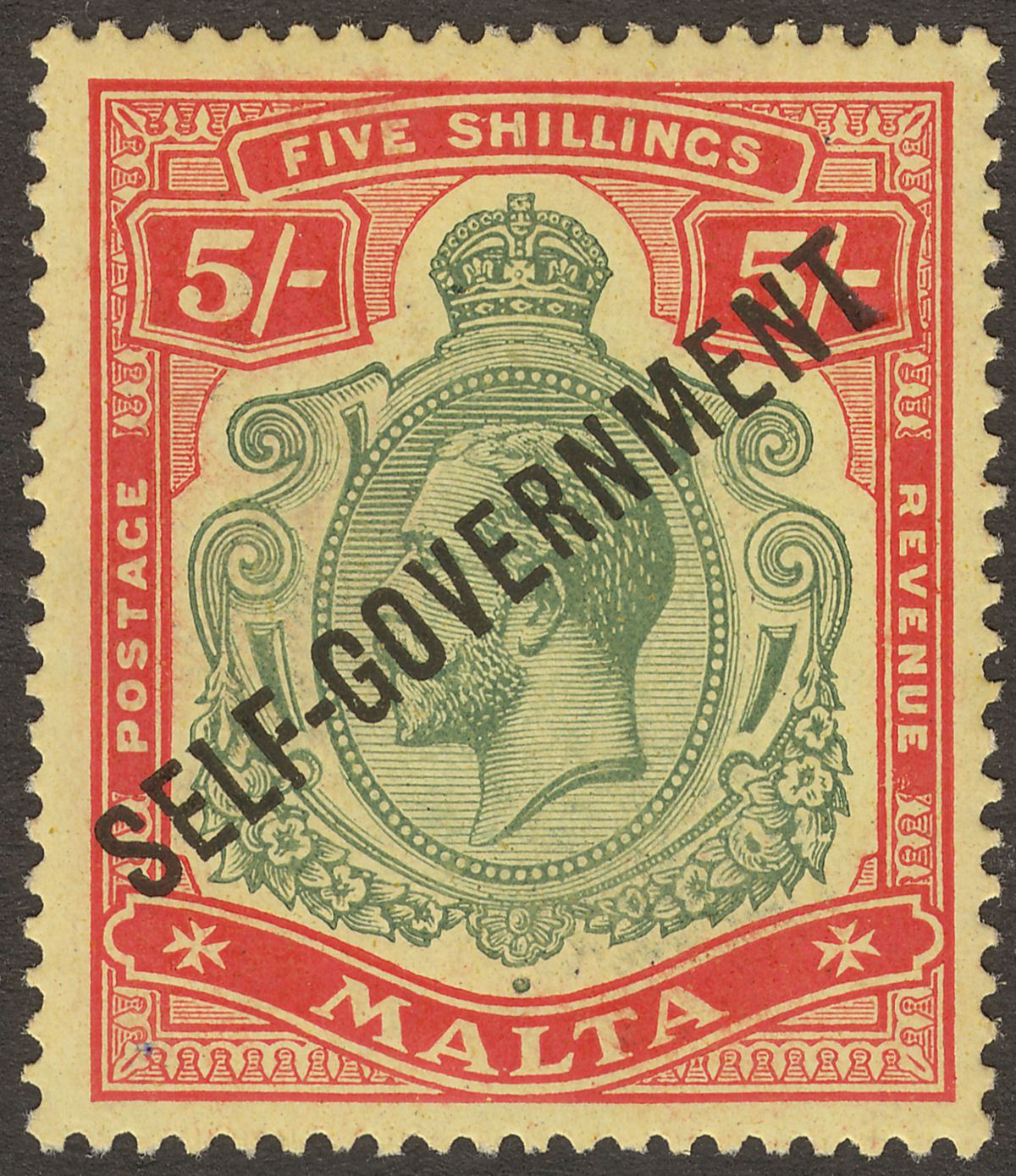 Malta 1922 KGV 5sh Self-Govt Overprint Damaged Leaf Variety Mint SG113f cat £475