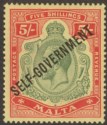 Click for more photos and details Malta 1922 KGV 5sh Self-Govt Overprint Damaged Leaf Variety Mint SG113f cat £475