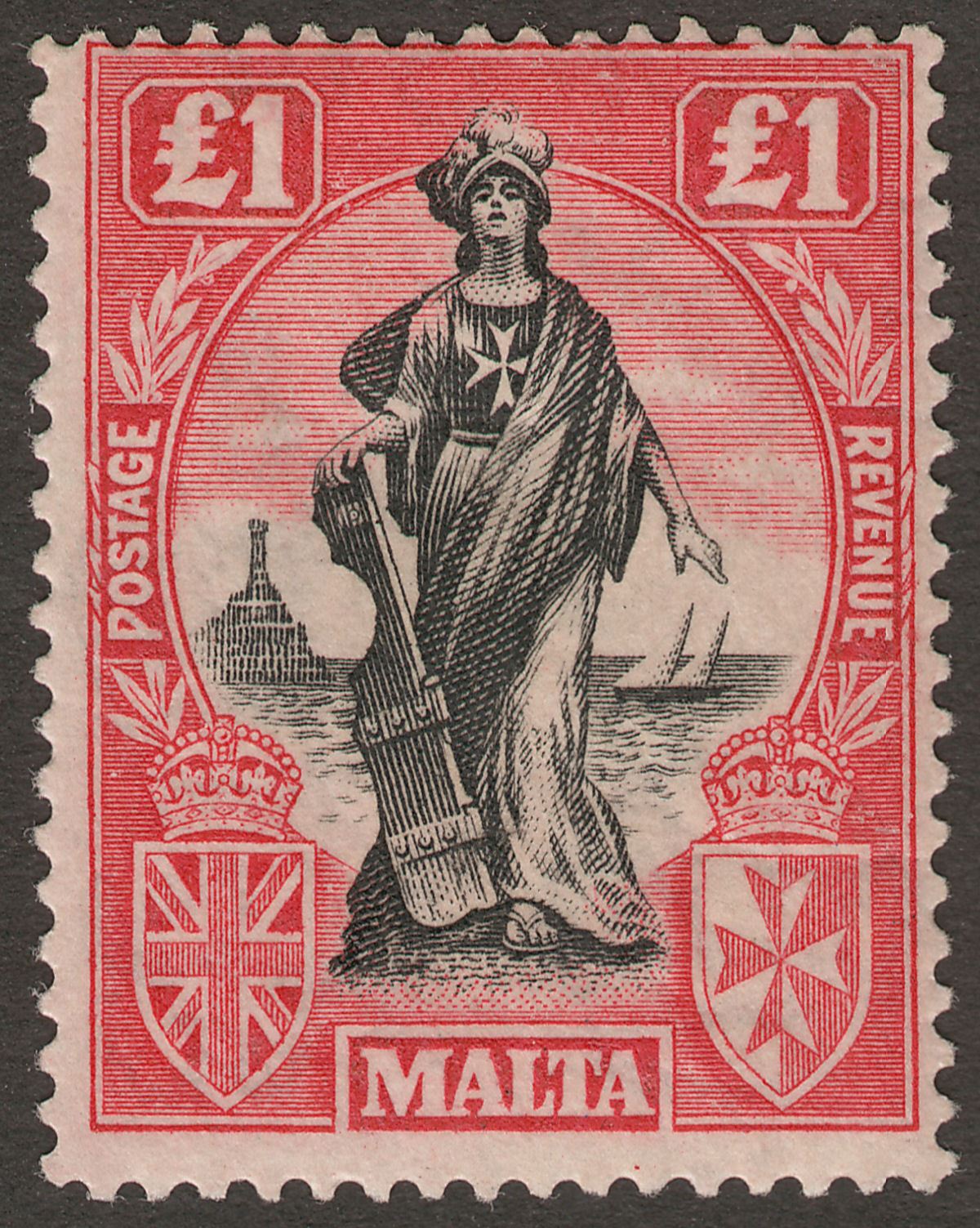 Malta 1925 KGV Figure £1 Black + Bright Carmine wmk Upright Mint SG140 cat £110