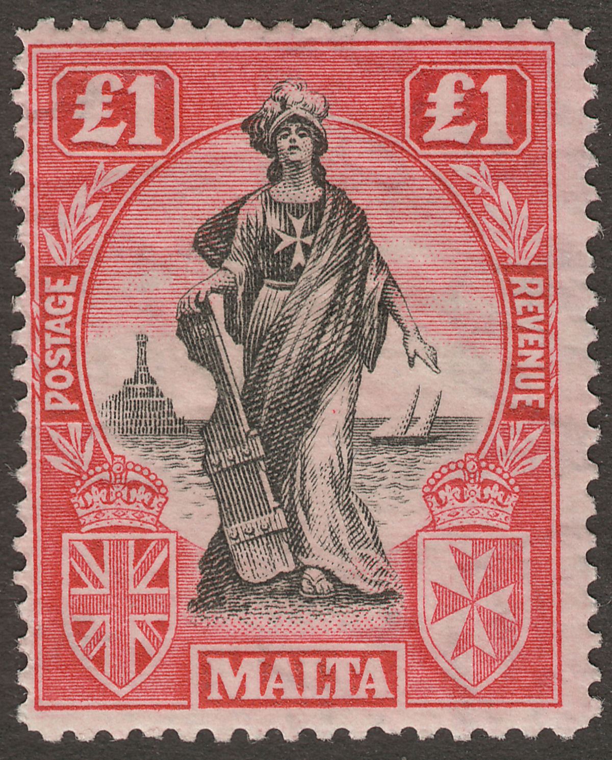 Malta 1922 KGV Figure £1 Black and Carmine-Red wmk Sideways Mint SG139 cat £150
