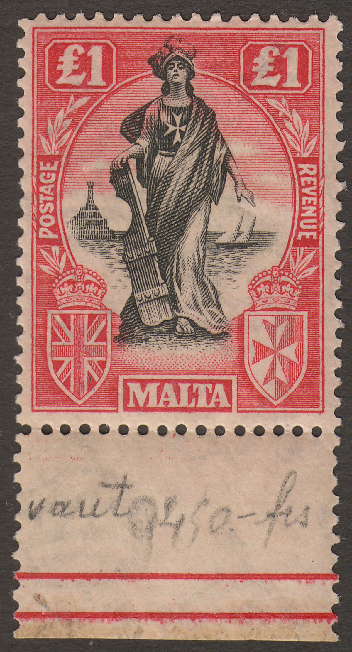 Malta 1925 KGV Figure £1 Black and Bright Carmine wmk Upright Mint SG140 toned