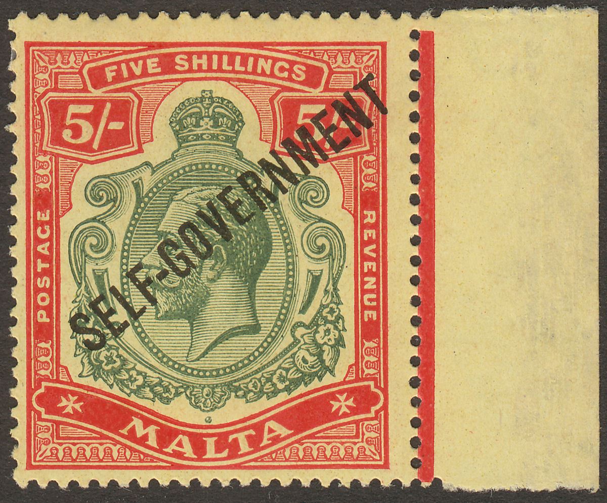 Malta 1922 KGV Self Government 5sh Green + Red wmk Multi Crown Mint SG113 cat£60