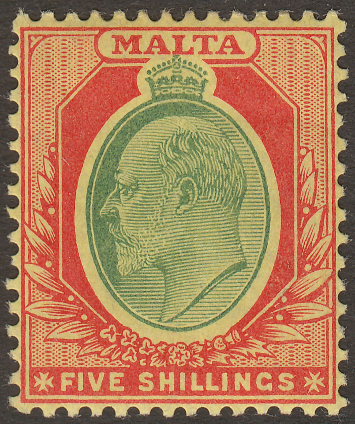 Malta 1911 KEVII 5sh Green and Red on Yellow Mint SG63 cat £65