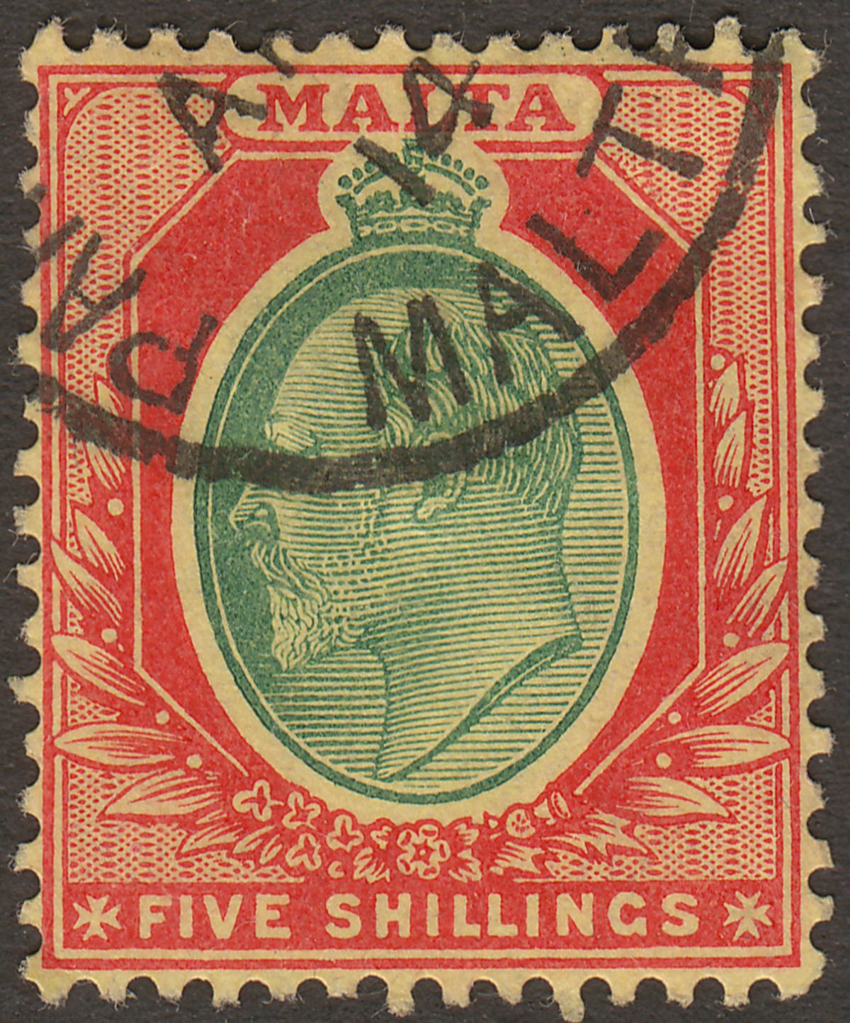 Malta 1911 KEVII 5sh Green and Red on Yellow Used SG63 cat £80