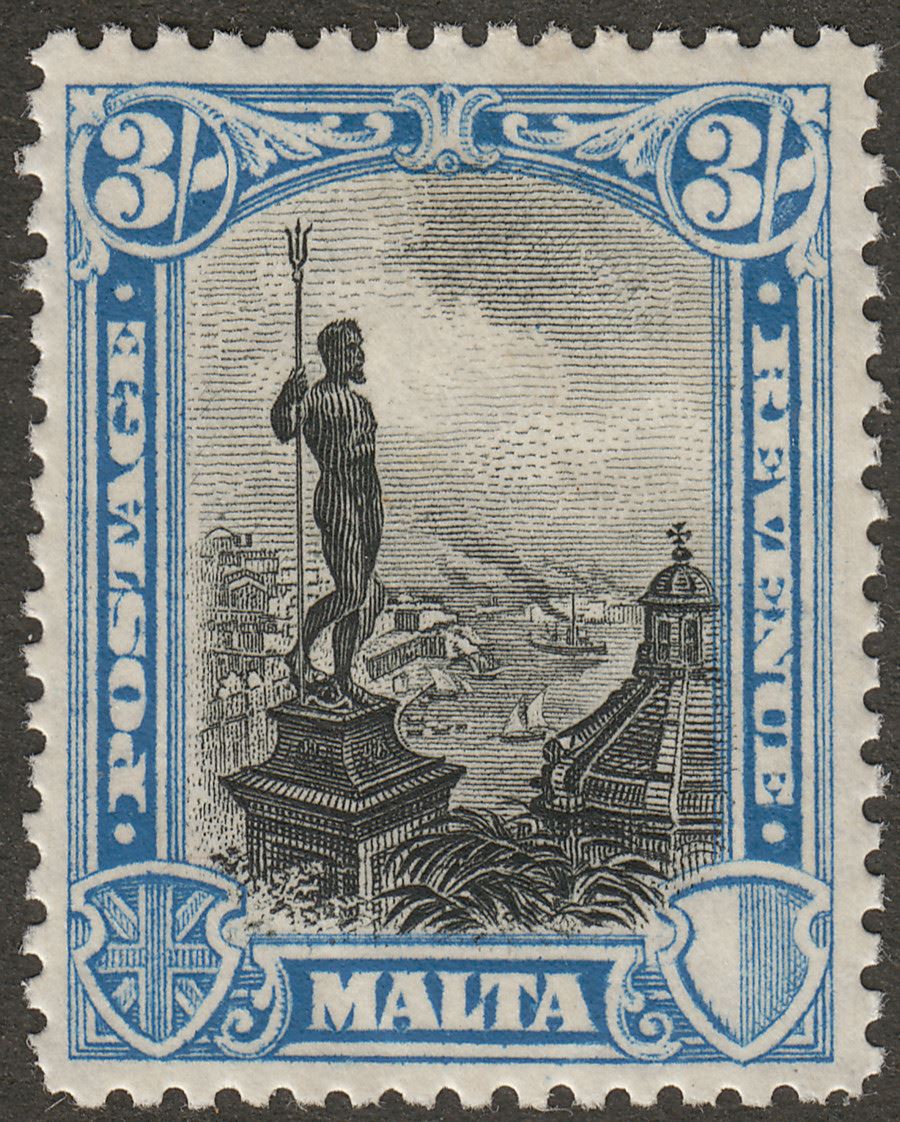 Malta 1930 KGV Postage and Revenue 3sh Black and Blue Mint SG207