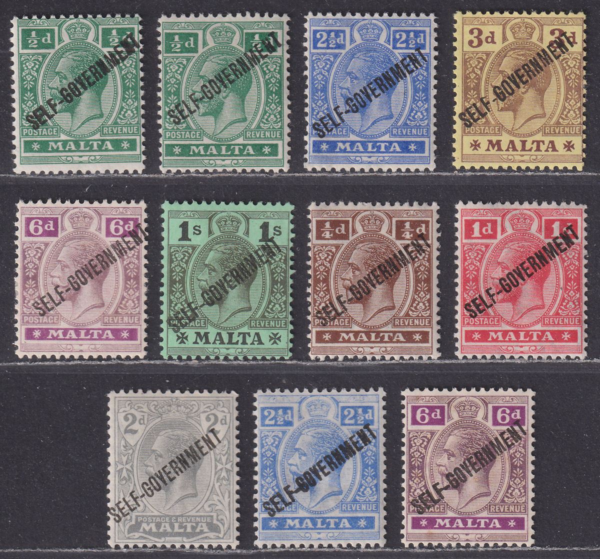 Malta 1922 KGV Self Government Overprint Selection to 1sh Mint