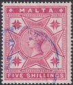 Click for more photos and details Malta 1886 Queen Victoria 5sh Rose Fiscally Used SG30